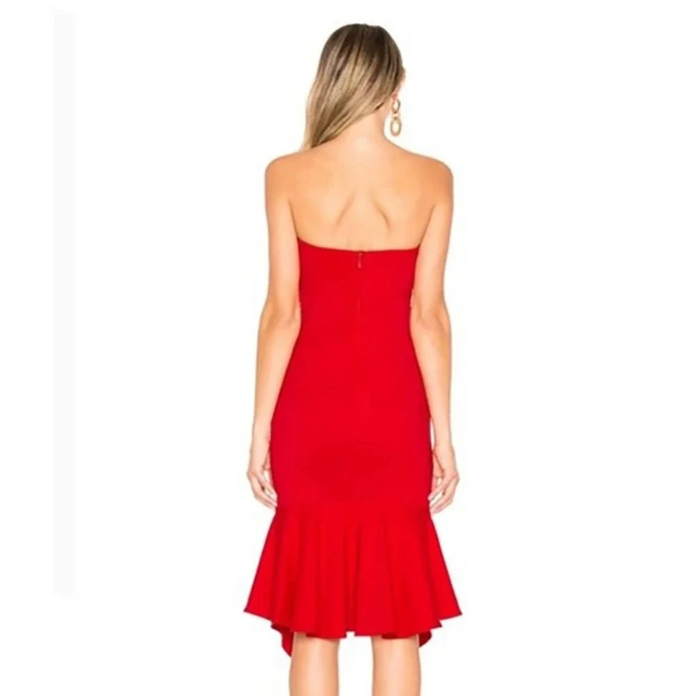 X Revolve Chrissy Teigen Red Midi Dress Landon Bodycon Ruffle Strapless Pencil S - Picture 4 of 7